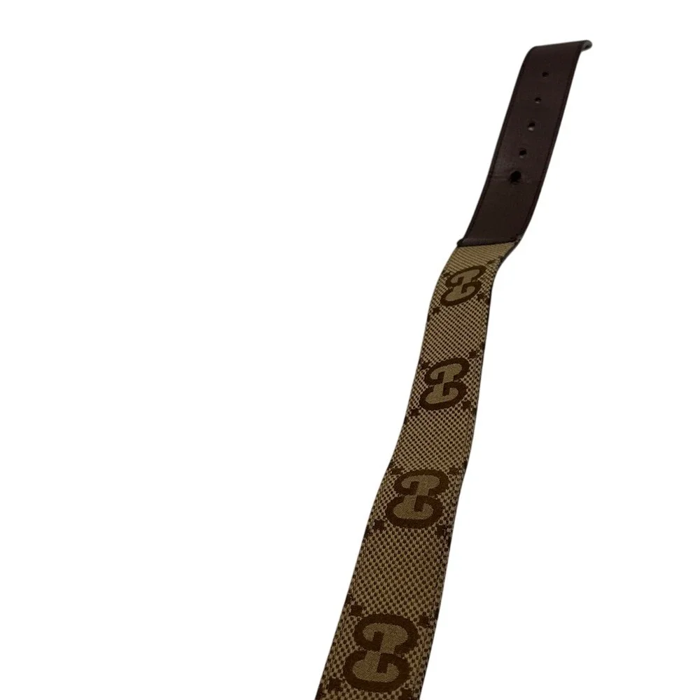 Gucci GG Marmont Belt Beige Canvas Brown Leather Gold GG Buckle Women's SZ 80CM‎